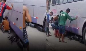 Urgente: Motoqueiro foi parar debaixo de ônibus intermunicipal, em acidente na tarde desta segunda-feira