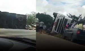 VÍDEO: Dois caminhões sofrem acidentes a poucos metros de distância na BA-262, entre Anagé e Aracatu
