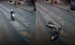 Conquista: Vídeo mostra motociclista caindo em buraco nesta manhã na Avenida Frei Benjamin, no Bairro Brasil