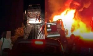 Urgente: Ônibus de Vitória da Conquista pegou fogo na madrugada desta quarta-feira na rodovia BR-242
