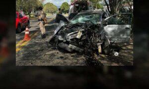 Urgente na região: Carro fica completamente destruído ao bater em árvore durante ultrapassagem na BR-330