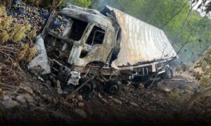 Região: Caminhão sem freios sai da pista na Serra das Almas, colide em poste e pega fogo na BA-148