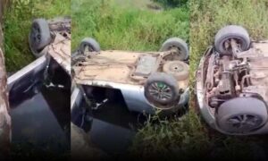 Atenção: Carro despencou de ponte na zona rural, nesta manhã de segunda-feira. Vítimas foram socorridas