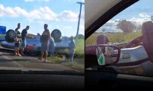 Conquista: Carro capotou na tarde deste sábado na BR-116, próximo ao posto da PRF. Populares socorreram as vítimas