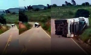 VÍDEO: Veja momento em que carreta tomba na BA-142, próximo à Barra da Estiva. PRE e SAMU no local