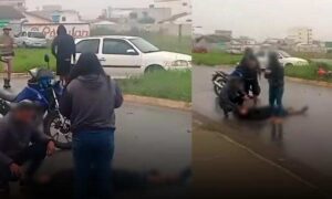 Conquista: Motociclista fica ferido e é socorrido pelo SAMU após colisão com carro de passeio, próximo ao HGVC