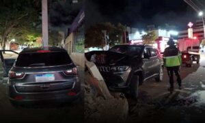 Conquista: Carro desgovernado atinge e danifica poste na Av. Olívia Flores. Motorista não foi encontrado no local