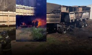 VÍDEO: Bombeiros atuam para conter fogo em carreta na região. Polícia investiga a origem do incêndio