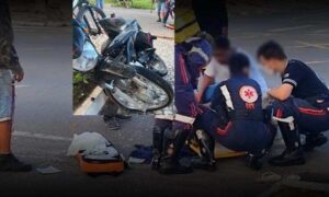 Motociclista fica seriamente ferido ao colidir com carro de passeio em cruzamento, na manhã desta sexta-feira