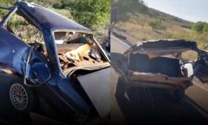 Urgente: Condutor, de 46 anos, morreu após colidir frontalmente com caminhão. Carro da vítima partiu ao meio