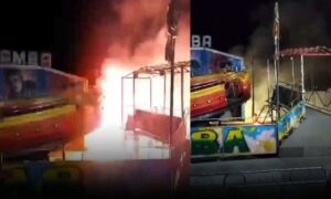Região de Conquista: Vídeo mostra curto circuito que provocou incêndio em parque de diversões, nesta noite