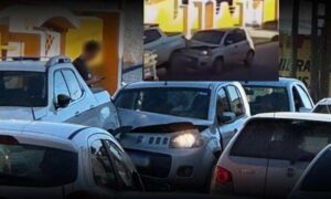 VÍDEO: Vítima de sequestro relâmpago se atira de carro em movimento antes de bandidos baterem em outro veículo e fugirem