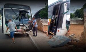 VÍDEO: Ônibus escolar sem freio derruba muro e invade terreno na manhã desta quarta-feira. Veja as imagens