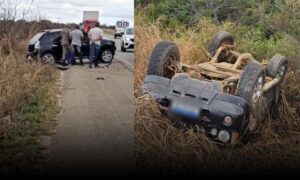 Atenção: Condutor fica ferido após caminhonete capotar em colisão com carro, entre Vitória da Conquista e Anagé