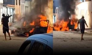 VÍDEO: Veja o momento em que as chamas tomaram veículo por completo nesta manhã de quarta-feira, em Cândido Sales