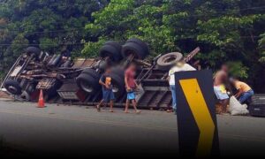 Urgente na região: Caminhão carregado de mangas tombou na manhã deste domingo e carga é saqueada por populares