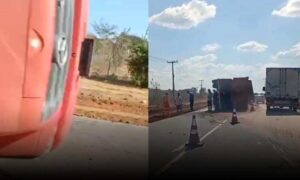 VÍDEO: Imagens mostram local onde caminhão caçamba tombou na rodovia entre Vitória da Conquista e Barra do Choça