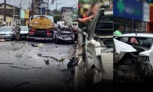 Urgente: Caminhão-pipa sem freio destrói carros e arremessa motos nesta tarde. Pessoas ficaram presas às ferragens