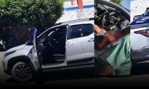 Violência extrema: Carro é metralhado por criminosos durante feira livre. Casal e criança foram baleados