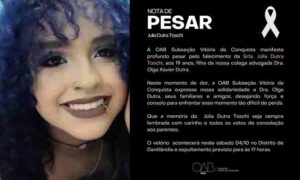 Nota de Pesar: OAB subseção Vitória da Conquista lamenta o falecimento da jovem Júlia, filha da advogada Olga Xavier