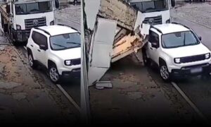 VÍDEO: Veja o momento em que muro desaba sobre carro no bairro Alto Maron, nesta quarta-feira em Conquista
