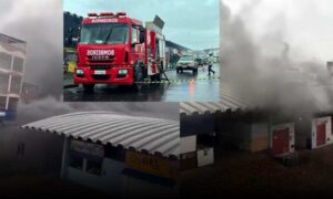 Atenção: Bombeiros trabalham para debelar incêndio nesta tarde na Feira do Alto Maron, em Vitória da Conquista