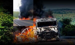 VÍDEO: Carreta pegou fogo próximo a entroncamento na BR-116, na manhã desta segunda-feira. Tráfego interrompido