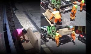 VÍDEO: Mulher coloca sofá para secar na porta de casa e móvel é levado por engano pela coleta de lixo