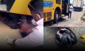 VÍDEO: Motociclista fica preso embaixo de ônibus após colisão na BR-415. Populares ajudaram no socorro