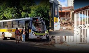 Susto: Ônibus escolar fica sem freio, invade residência e quase provoca tragédia na manhã desta segunda-feira