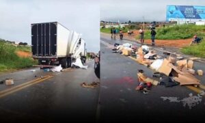 VÍDEO: Carga de produtos da Shopee fica espalhada na pista após colisão entre veículos na BR-116, nesta manhã