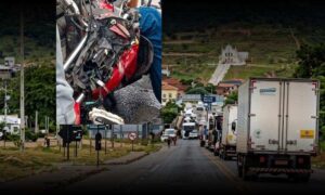 Atenção: Motociclista é prensado entre carretas e tem as pernas quebradas, neste sábado na BR-116