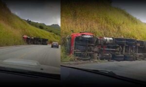 VÍDEO: Caminhão carregado de eucalipto tombou nesta manhã na Serra do Marçal, em Vitória da Conquista